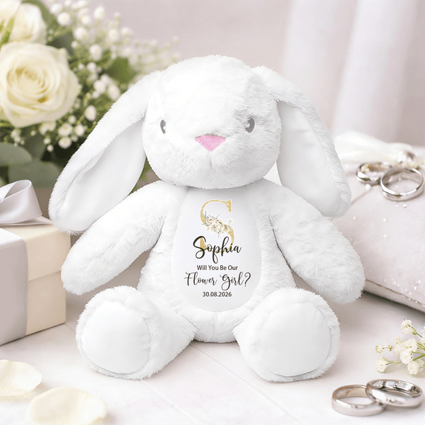 Giocattolo di peluche personalizzato con nome e data per le ragazze in fiore, con iniziali dorate e morbido coniglietto.