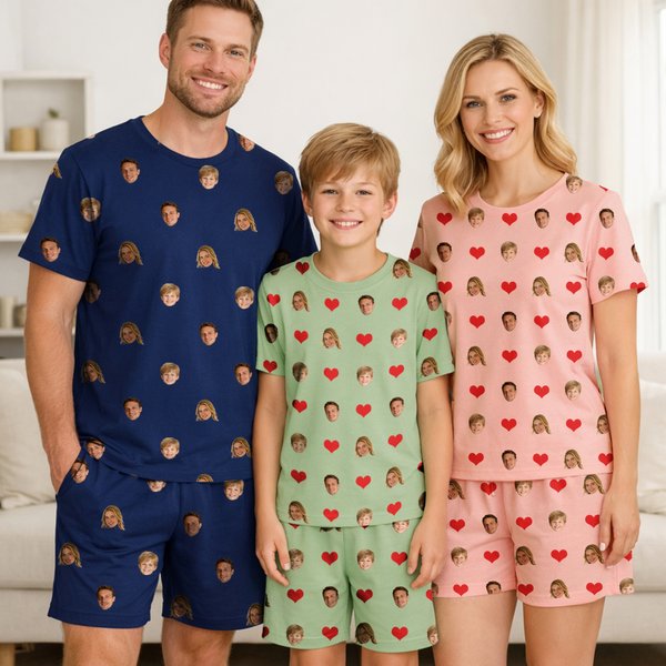 Set de pyjama multicolire personnalisé avec 1-5 photos de visage - Cadeau d'usage quotidien fête des Mères Pères pour la famille