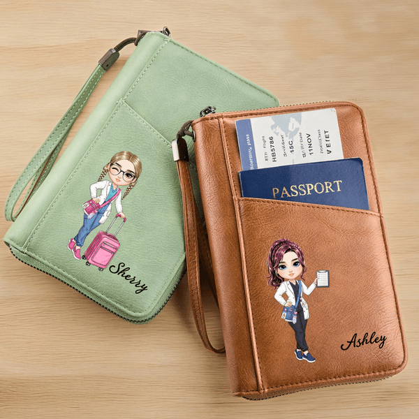 Personalisierte Krankenschwester Cartoon Charakter PU Leder Passport Holder Wallet mit Namen Travel Essential Geburtstagsgeschenk für Krankenschwester Arzt medizinisches Personal