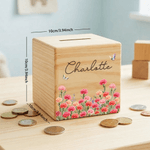 Personalised Birth Flower Wooden Piggy Bank Money Box with Name Back to School Children's Day Birthday Gift for Kids
