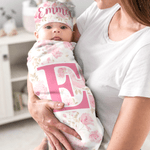 Personalized Watercolor Floral Pattern 100% Cotton Soft Swaddle Hat Set with Name and Initial Birthday Baby Shower Gift for Baby Newborn