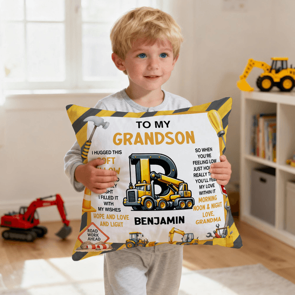 Personalised Construction Vehicle Soft Cushion Cover with Name Initial and Title Bedroom Decoration Birthday Gift for Boys Kids
