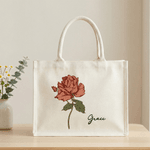 Personalizada Vintage Nacimiento Flor Lienzo Grande Bolsa Tote con Nombre Uso Diario Día de la Madre Cumpleaños Regalo para Mamá Abuela