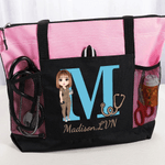 Personalized Cartoon Medical Character Initial Large Capacity Tote Bag with Name and Waterproof Lining Nurse Day Birthday Gift for Doctor Nurse