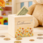 Personalised Birth Flower Wooden Piggy Bank Money Box with Name Back to School Children's Day Birthday Gift for Kids
