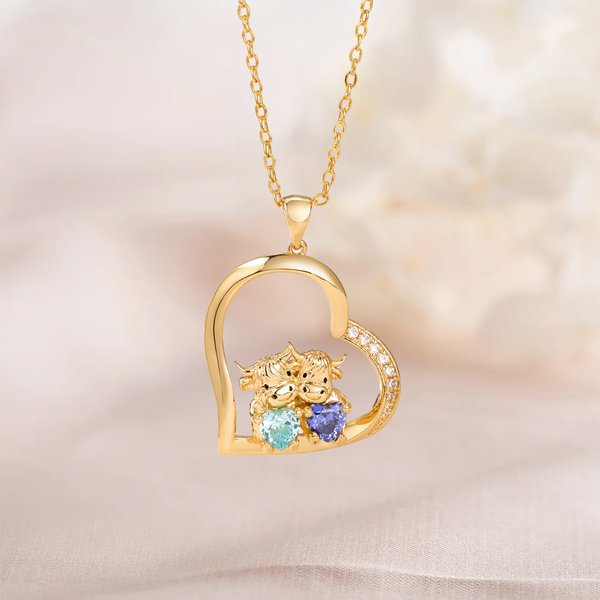 Personalised Heart 2 Highland Cows Birthstones Necklace Dainty Jewellery Birthday Anniversary Gift for Couples Friends Highland Cow Lovers