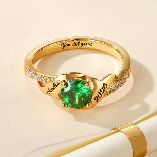 Personalized Birthstone Sterling Silver Ring with Engraved Name Year and Text Birthday Anniversary Graduation Gift for Graduates