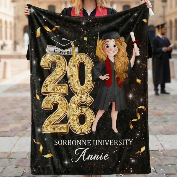 Personalised Cartoon Graduation Character Soft Throw Blanket with Year and Name Graduation Gift for Graduates