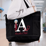 Personalized Cartoon Medical Character Initial Large Capacity Tote Bag with Name and Waterproof Lining Nurse Day Birthday Gift for Doctor Nurse