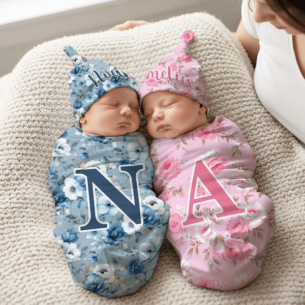Personalized Watercolour Floral Pattern 100% Cotton Soft Swaddle Hat Set with Name and Initial Birthday Baby Shower Gift for Baby Newborn