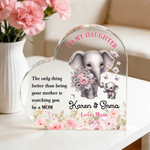 Targa personalizzata a forma di cuore di elefante carino in acrilico con nome e anno Anniversario Regalo per la festa della mamma per i bambini