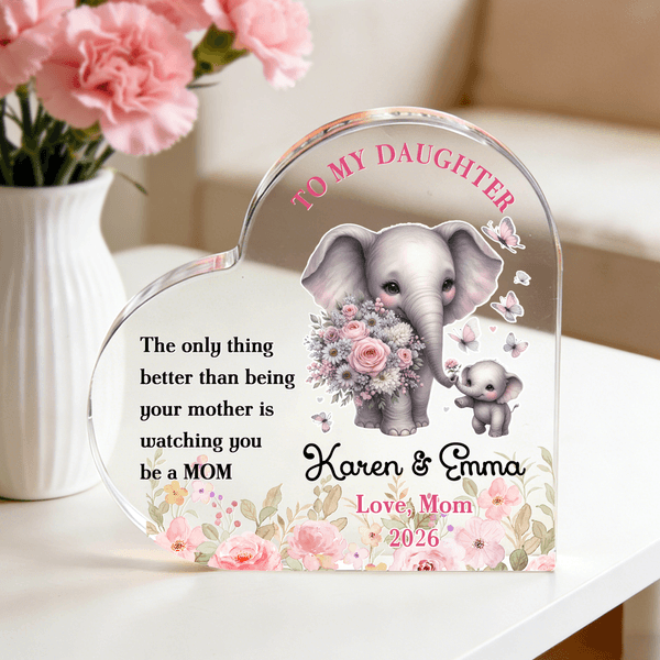 Targa personalizzata a forma di cuore di elefante carino in acrilico con nome e anno Anniversario Regalo per la festa della mamma per i bambini