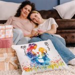 Personalised Colourful Mom Daughter Silhouette Soft Cushion Cover with Name and Birth Flower Mother's Day Birthday Gift for Mom Grandmother