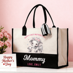 Personalized Cute Elephants Flower Large Capacity Canvas Tote Bag with Name and Text First Mother's Day Birthday Gift for Mom Grandma