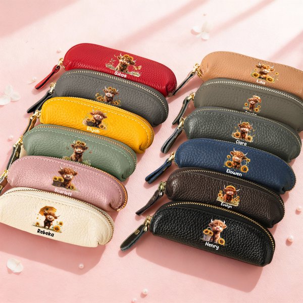 Personalized Sunflower Highland Cow Mini PU Leather Coin Purse with Name Travel Essential Birthday Daily Use Christmas Gift for Women