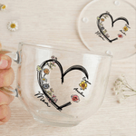 Tazza di vetro trasparente personalizzata 1-6 fiori di nascita Cuore 16 oz con sottobicchiere Nickname e nomi Regalo di compleanno per la festa della mamma nonna