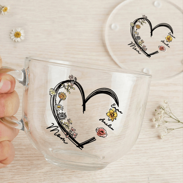 Personalised 1-6 Birth Flowers Heart 16 oz Clear Glass Mug with Coaster Nickname and Names Birthday Mother's Day Gift for Mom Grandma