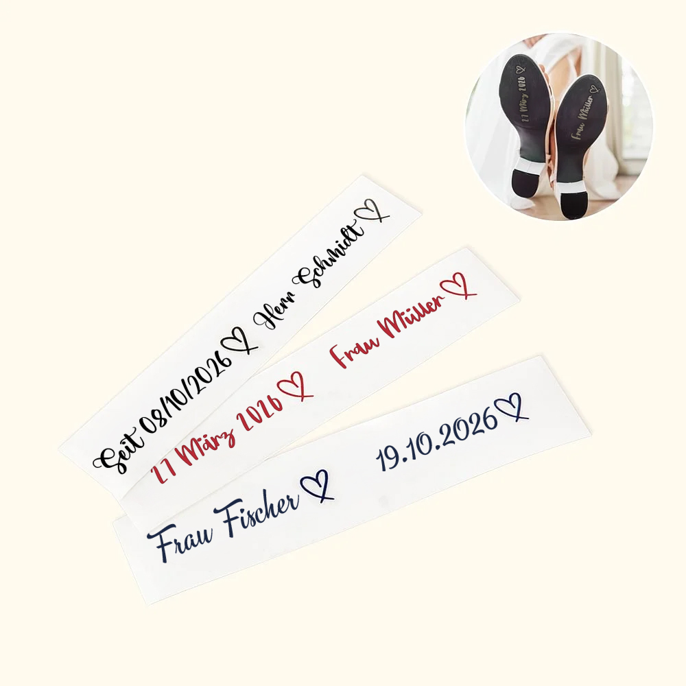 Personalisierter Vinyl-Aufkleber für Hochzeitsschuhe | mit Namen und Datum | mit Herz im Handzeichnungsstil | Hochzeitszubehör | Geschenk für Paare