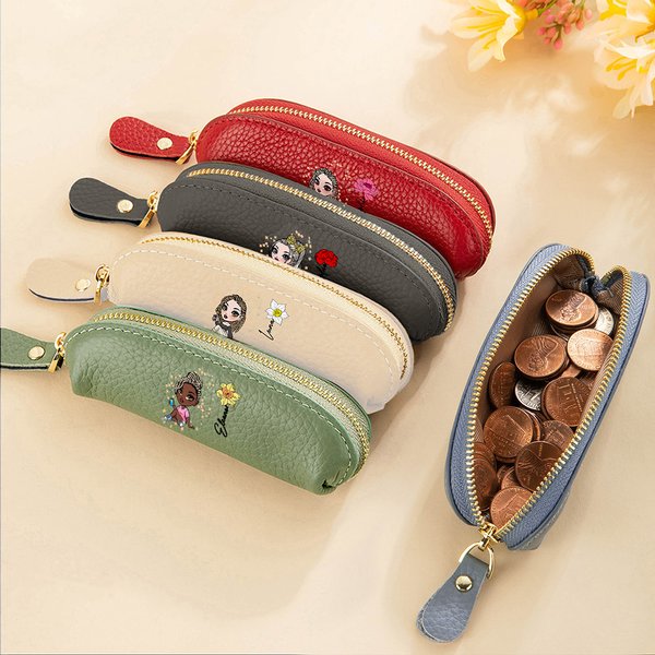 Personalized Fashion Girl Birth Flower Mini PU Leather Coin Purse with Name Daily Travel Accessories Birthday Christmas Gift for Women Girls