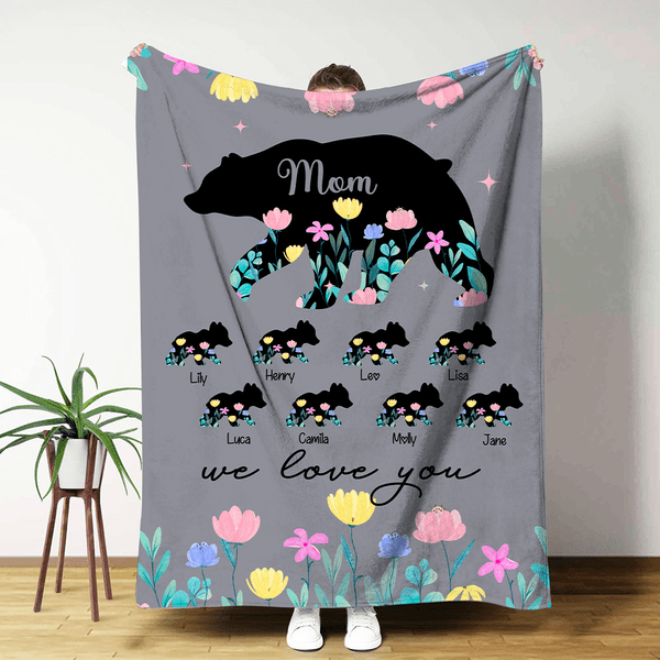 Oso de Flores Personalizado Manta Suave con 1-8 Nombres Título Texto Decoración del Hogar Cumpleaños Día de la Madre Regalo para Mamá Abuela