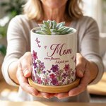 Personalized Birth Flower Butterfly Ceramic Planter Pot with Nickname and Bamboo Tray Daily Use Mother's Day Gift for Mom Grandma