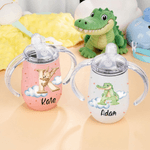 Gepersonaliseerde Schattige Dieren 295 ml Geïsoleerde Tuitbeker met Initiaal Naam en Handvat Babyshower- of Verjaardagscadeau voor Peuters en Kinderen