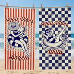 Personlig Chill Vibes Simning Kvinna Stripe Checker Quick Dry Mjuk överdimensionerad strandhandduk med namn Sommar Semester Födelsedagspresent för kvinnor