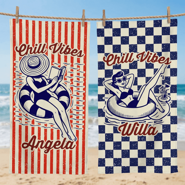Personalized Chill Vibes Swimming Woman Stripe Checker Quick Dry Soft Oversized Beach Towel with Name Summer Vacation Birthday Gift for Women