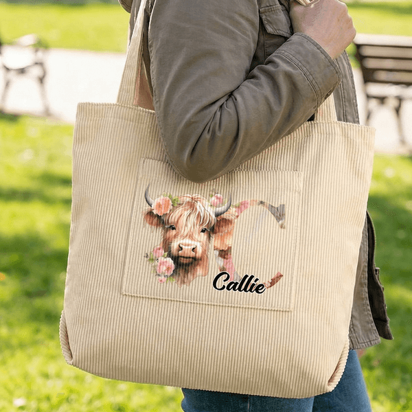 Personalized Floral Highland Cow Corduroy Tote Bag with Letter and Name Daily Use Birthday Mother's Day Gift for Girls Women