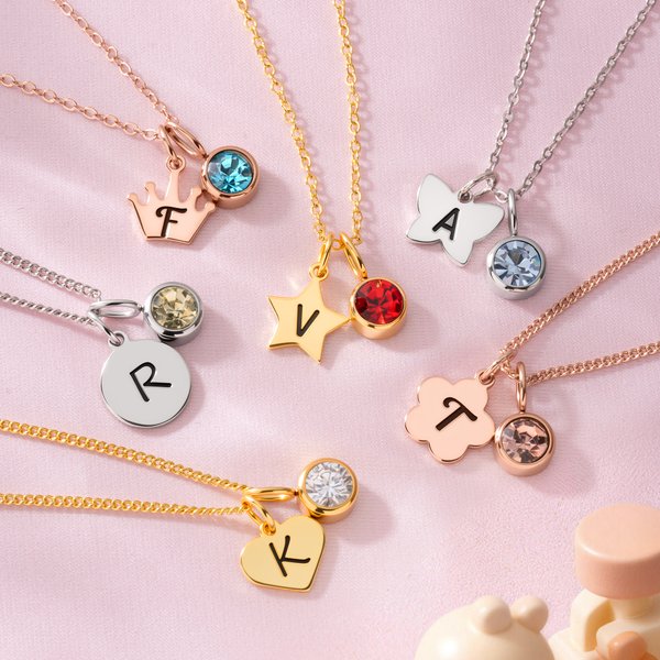 Personalizada Birthstone Geométrica Collar con la inicial grabada Dainty Joyería Cumpleaños Día del Niño Regalo para los niños