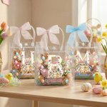 Bolsa transparente personalizada con nombre e inicial diseño de Pascua con lazo rosa conejo y pollitos regalo de fiesta para niños