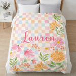 Gepersonaliseerde Bloem Kleurrijk Geruit Design Zachte Deken met Naam Home Decor Moederdag Verjaardagscadeau voor Vrouw