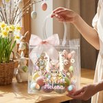 Bolsa transparente personalizada con nombre e inicial diseño de Pascua con lazo rosa conejo y pollitos regalo de fiesta para niños