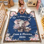 Personalized Cute Cartoon Elephant Mom Kid Flower Soft Throw Blanket with Text Home Decor Anniversary Mother's Day Gift for Mom Grandma