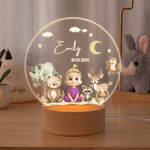 Personlig barn tecknad karaktär skogsdjur akryl nattlampa med namn och träbas rumsinredning Mors dag present till mamma baby