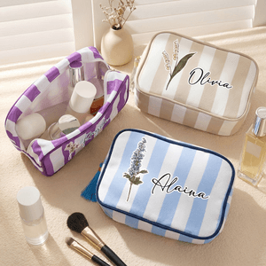 Personalized Birth Flower Large Capacity Striped Tassel Makeup Bag with Name Travel Daily Accessories Birthday Gift for Women