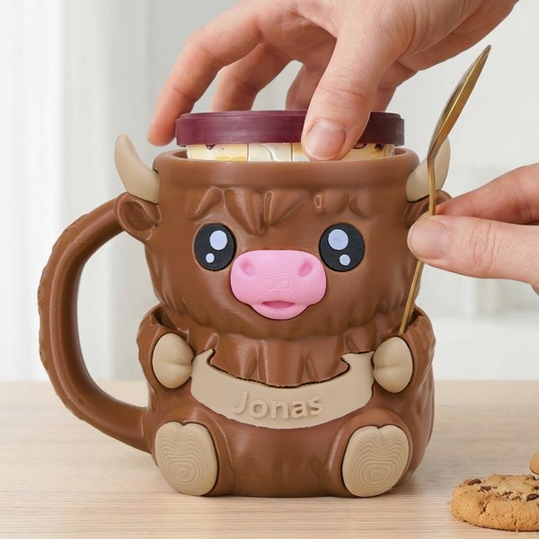 Personalised Highland Cow Ice Cream Pint Holder with Hidden Dice Drawer and Name Birthday Gift for Highland Cow Lovers