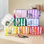 Personalised Multicolor Birth Flower Striped Makeup Bag with Name and Tassel Travel Essential Birthday Mother's Day Gift for Women