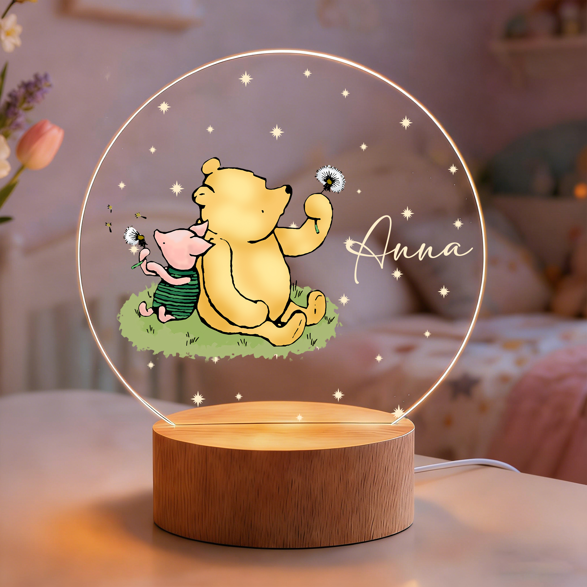 Personalized Cute Classic Winnie the Pooh LED Night Light with Name and Wooden Base Nursery Home Decor Birthday Gift for Boys Girls
