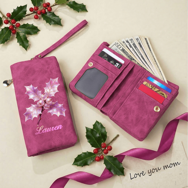 Personalized Pearl Effect Birth Flower Tri-Fold PU Leather Wristlet Wallet with Card Holder and Name Birthday Mother's Day Gift for Woman Mom