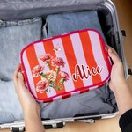 Personalised Multicolor Birth Flower Striped Makeup Bag with Name and Tassel Travel Essential Birthday Mother's Day Gift for Women