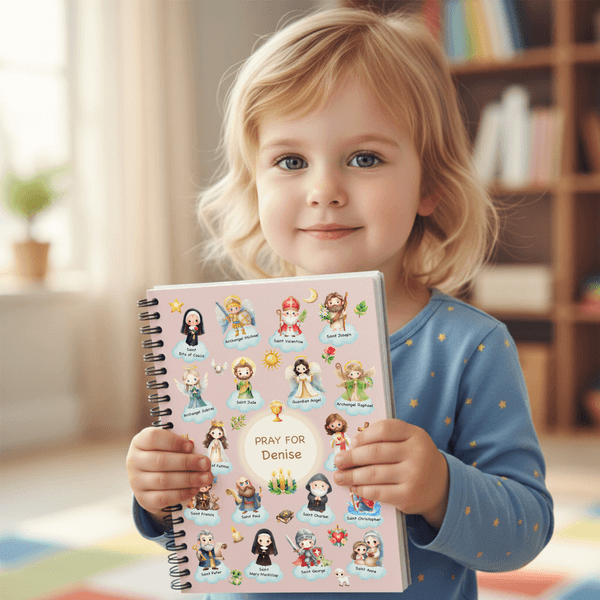 Personalized Holy Saints of Heaven Guardian A5 Spiral Notebook with Name and 120 Lined Pages Baptism Prayer Gift for Kids Catholics