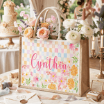 Personalisierte Blume bunten karierten Design große Jute Tasche mit Namen Muttertag Geburtstag Geschenk für Frau