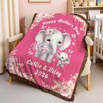 Personalized Cute Cartoon Elephant Mom Kid Flower Soft Throw Blanket with Text Home Decor Anniversary Mother's Day Gift for Mom Grandma
