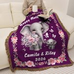 Personalized Cute Cartoon Elephant Mom Kid Flower Soft Throw Blanket with Text Home Decor Anniversary Mother's Day Gift for Mom Grandma