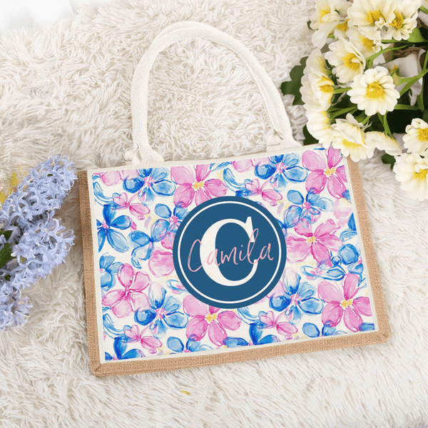 Personalizada Verano Tropical Floral Monograma Gran Capacidad Bolsa de Yute Tote con Nombre Uso Diario Cumpleaños Regalo para Bestie Hermana Mujer