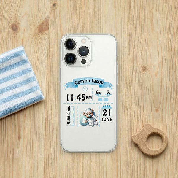 Gepersonaliseerd schattig berenpatroon initiaal telefoonhoesje voor iPhone met naam Verjaardagscadeau voor pasgeborenen nieuwe ouders