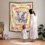 Personalized Cute Cartoon Elephant Mom Kid Flower Soft Throw Blanket with Text Home Decor Anniversary Mother's Day Gift for Mom Grandma