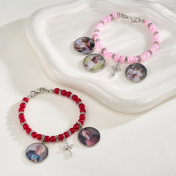 Gepersonaliseerde 1-5 Foto's Kruis Kralen Elastische Stretch Armband GedenkGeschenk voor Vrouwen Christenen
