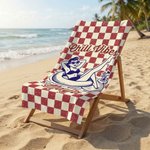 Personalised Chill Vibes Swimming Woman Stripe Checker Quick Dry Soft Oversized Beach Towel with Name Summer Vacation Birthday Gift for Women